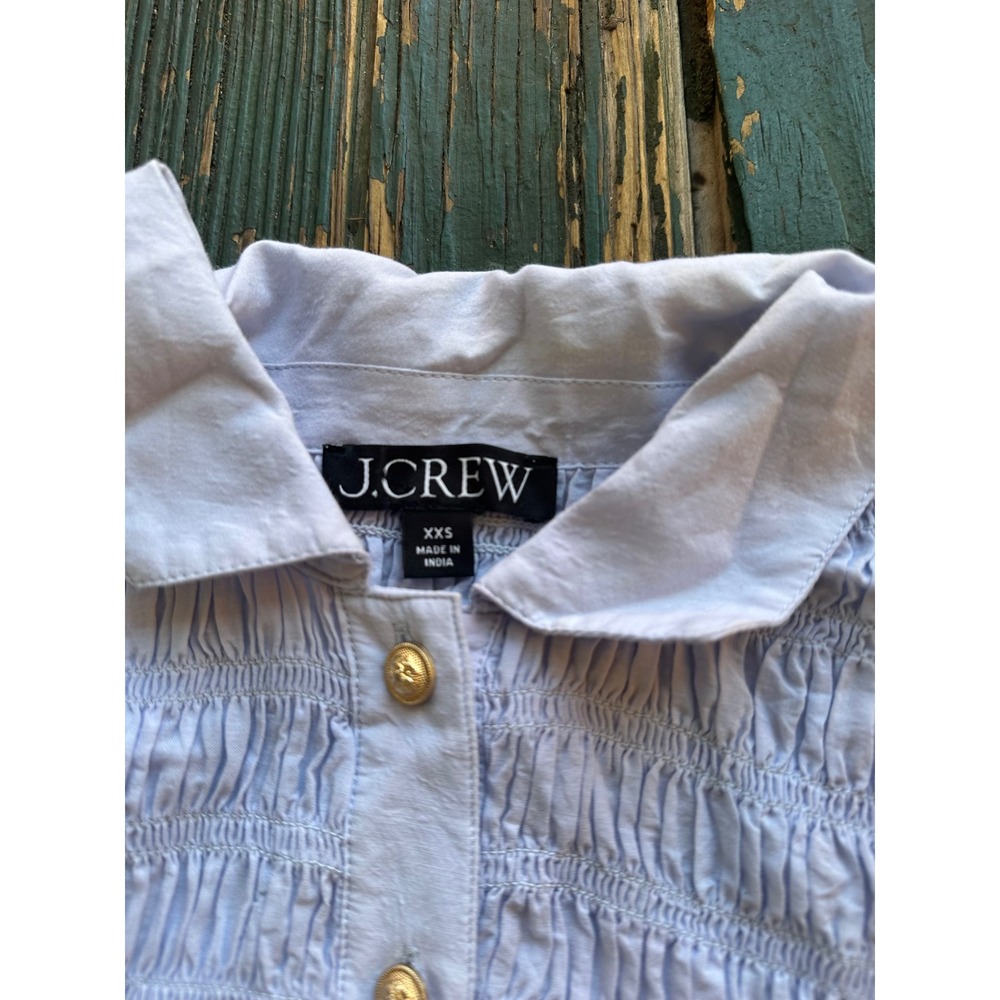 J.Crew Blue Smocked Short Sleeve Button Up Top Gold Crest Buttons XXS - Picture 2 of 8